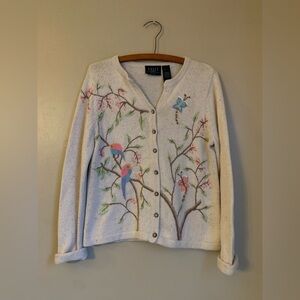 Crazy horse liz Claiborne embroidered sweater cardigan birds flowers spring
